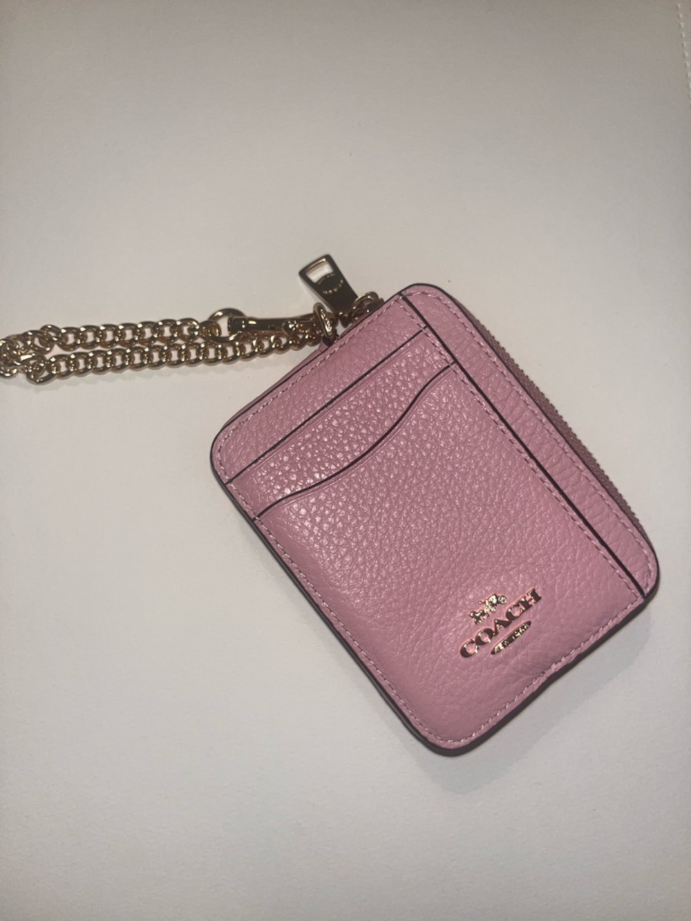 Coach Pink Pebbled Leather Card Holder with Gold Chain